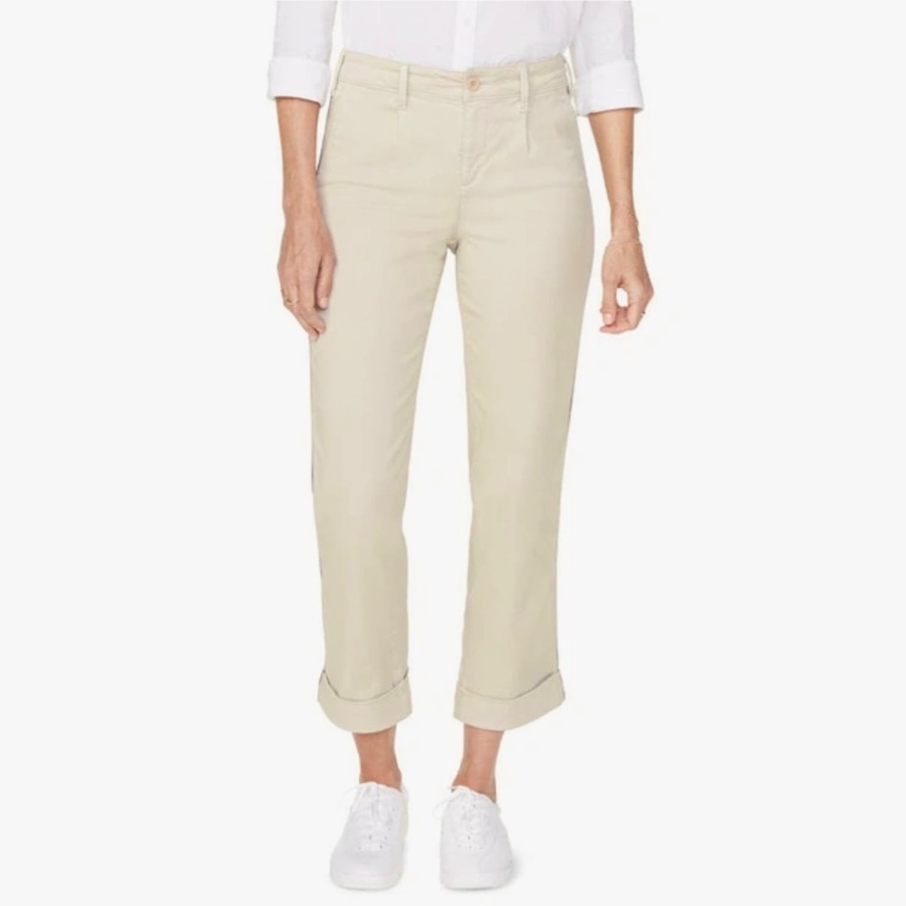 NEW NYDJ Straight Leg Ankle Cuffed Velvet Side Stripe Chino Kakis Pants Tan 14